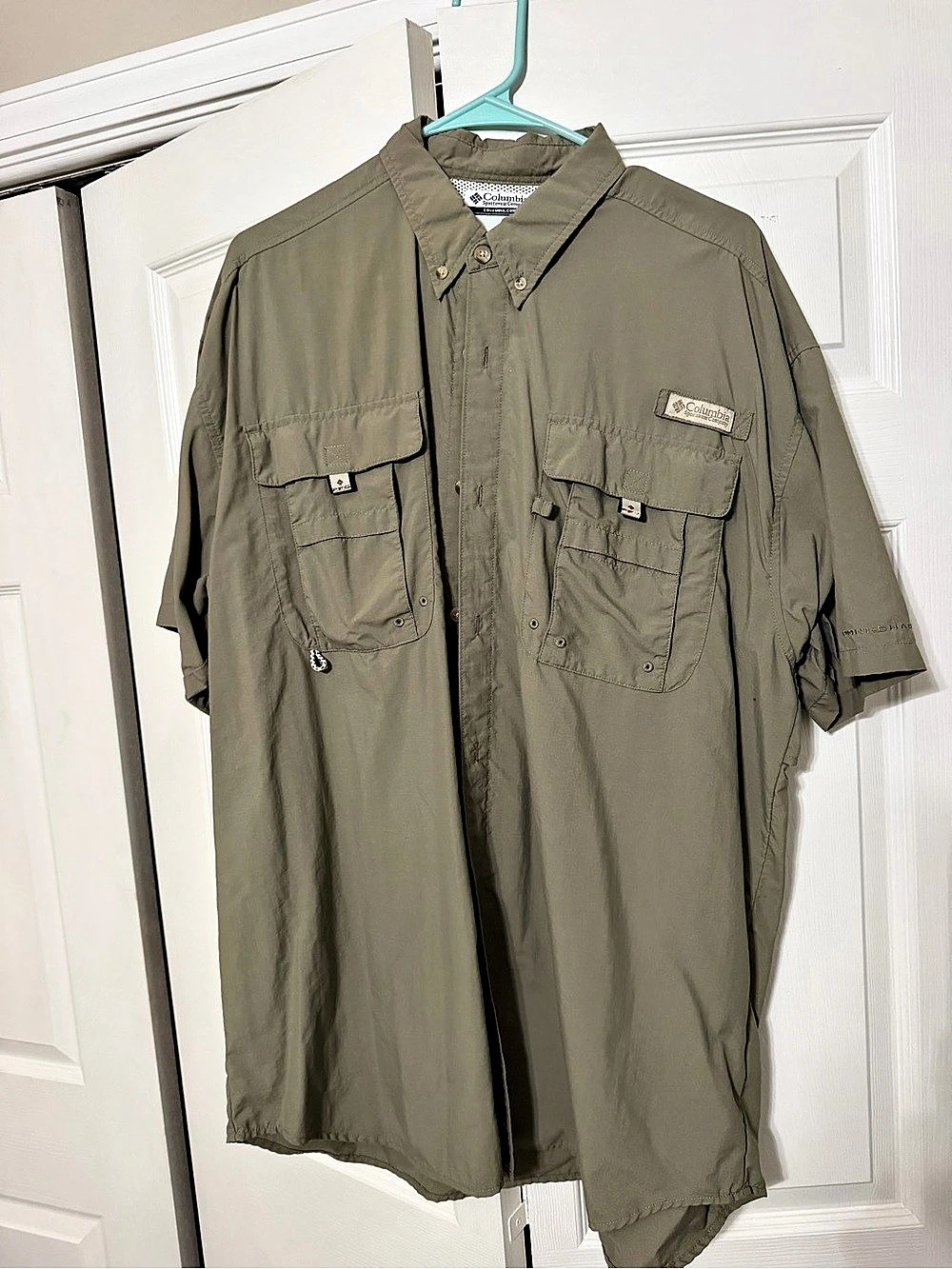 Columbia PFG Bahama II Short Sleeve Shirt Men's Green/dark Tan Large NWOT